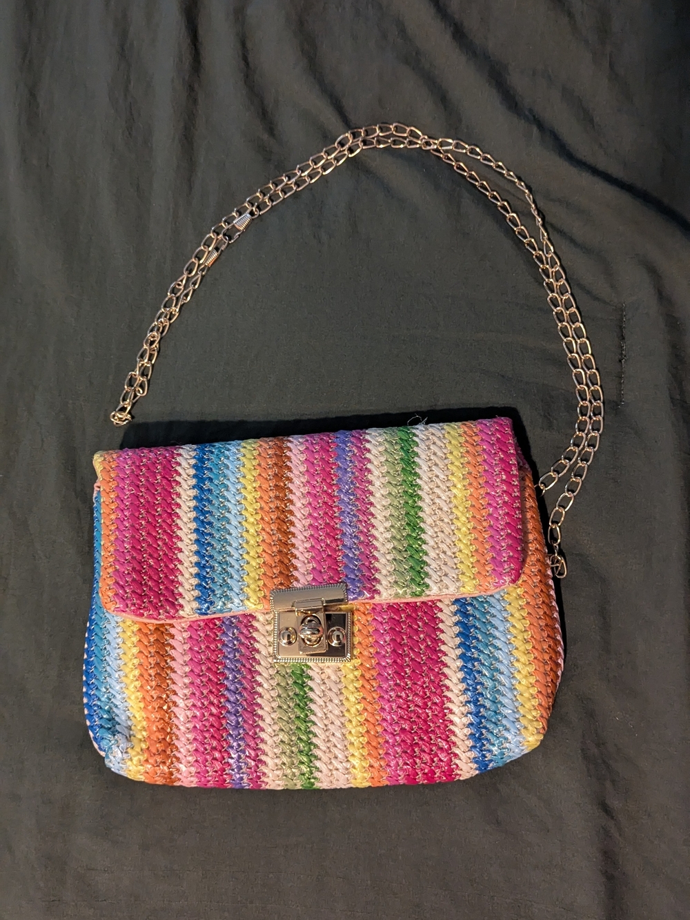 Multi-Color Striped Woven Chain Shoulder Bag